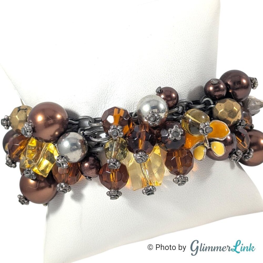 Chunky Y2K Cluster Charm Bracelet Mixed Media Beads Enamel Flowers Gray Tone